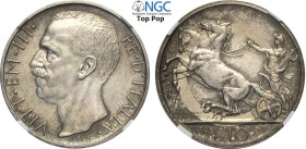 Regno d'Italia, Vittorio Emanuele III (1900-1943), 10 Lire 1932, RRR coniati 50 esemplari, Ag 27 mm , in Slab NGC MS63 Top Pop! (cert. 6640984011)