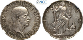 Regno d'Italia, Vittorio Emanuele III (1900-1943), 10 Lire 1937, RRR coniati 50 esemplari, Ag 27 mm , in Slab NGC MS64 Top Pop! (cert. 6635674004)