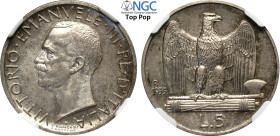 Regno d'Italia, Vittorio Emanuele III (1900-1943), 5 Lire 1933, RRR coniati 50 esemplari, Ag 23 mm , in Slab NGC MS65 Top Pop! (cert. 6635674010)