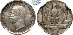 Regno d'Italia, Vittorio Emanuele III (1900-1943), 5 Lire 1935, RRR coniati 50 esemplari, Ag 23 mm , conservazione eccezionale, in Slab NGC MS67 Top P...