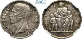 Regno d'Italia, Vittorio Emanuele III (1900-1943), 5 Lire 1939, RRRR coniati 20 esemplari, Ag 23 mm , in Slab NGC MS64 (cert. 6635674014 second best g...