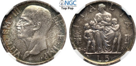 Regno d'Italia, Vittorio Emanuele III (1900-1943), 5 Lire 1940-XIX, RRRR coniati 20 esemplari, Ag 23 mm , conservazione eccezionale, in Slab NGC MS68 ...