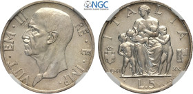 Regno d'Italia, Vittorio Emanuele III (1900-1943), 5 Lire 1941, RRRR coniati 20 esemplari, Ag 23 mm , in Slab NGC UNC-Cleaned (moneta pulita)