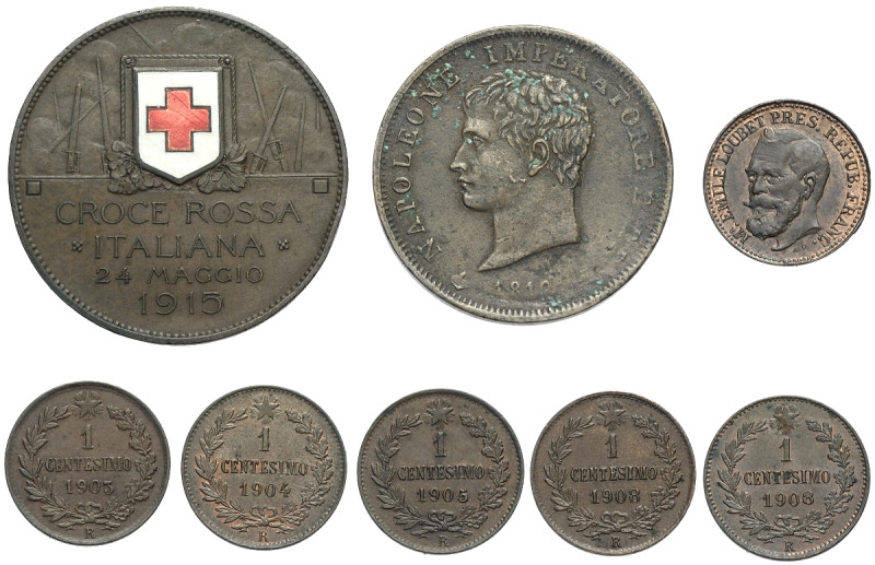 Lotto di 8 esemplari: 10 Centesimi 1915 Croce Rossa (colpi al bordo); Milano Sol...