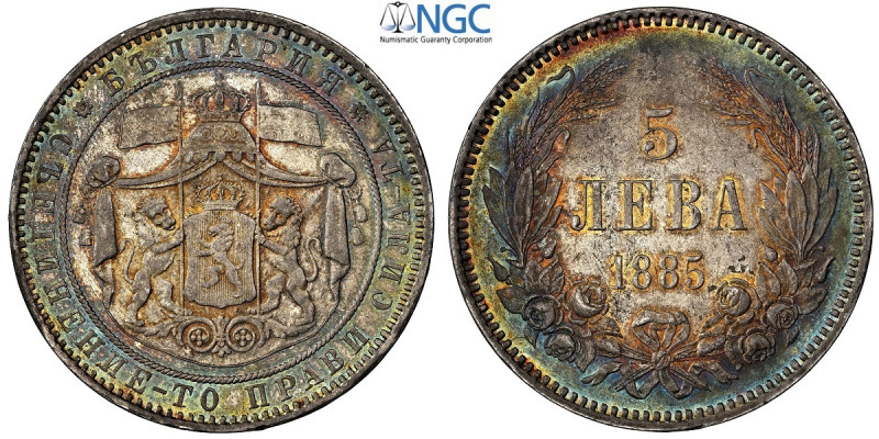 Bulgaria, Alexander I (1879-1886), 5 Leva 1885, Ag 37 mm , nice rainbow patina f...