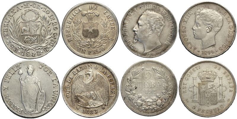 World coins, lot (4): Bulgaria 5 Leva 1892 (cleaned BB+); Chile Peso 1883 (clean...