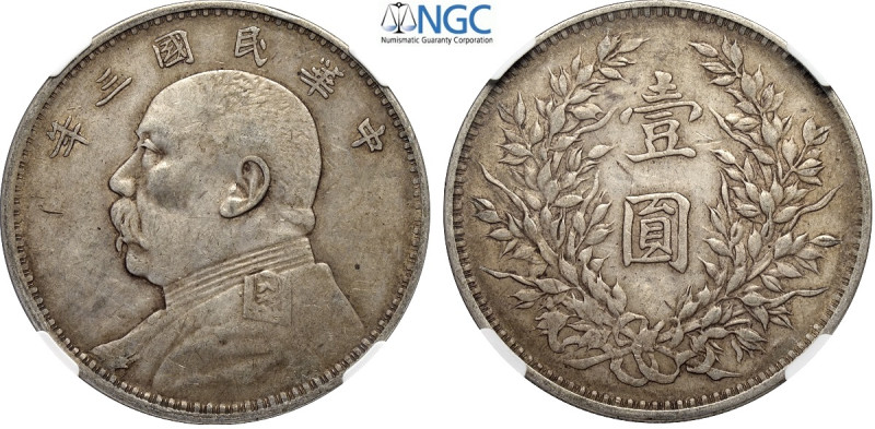 China, Republic, Dollar year 3 (1914), L&M-63 Ag 39 mm , in Slab NGC XF45