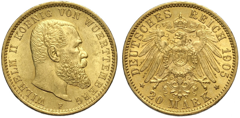 Germany Wurttemberg, Wilhelm II (1891-1918), 20 Mark 1905-F Freudenstadt, Au 22,...