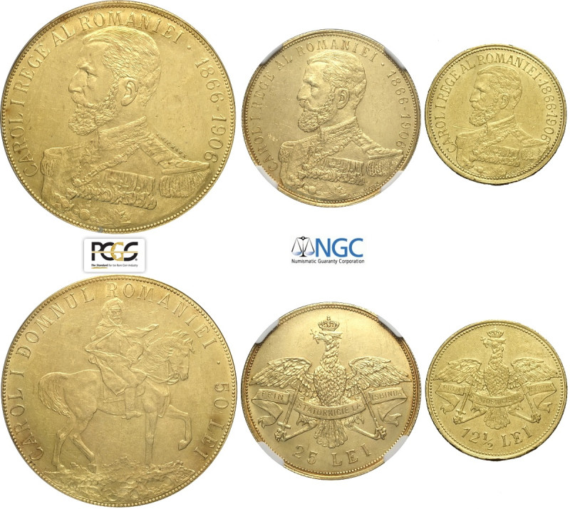 Romania, Carol I (1866-1914), Gold 1906 coins lot (3): 50 Lei (in Slab PCGS MS61...