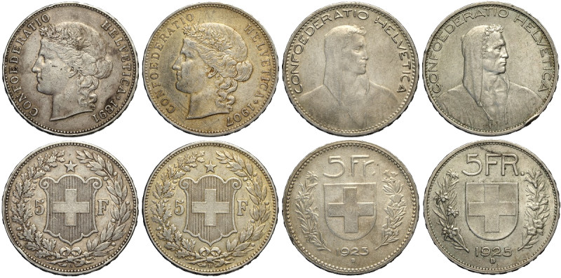 Switzerland, Confederation, Lot of 5 Francs (4): 1891; 1907; 1923; 1925. BB or b...