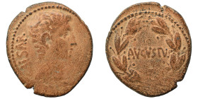 Uncertain Asian mint. Augustus, 27 BC-AD 14. Ae (bronze, 7.97 g, 25 mm). CAESAR Bare head of Augustus to right. Rev. AVGVSTVS within laurel wreath. RP...
