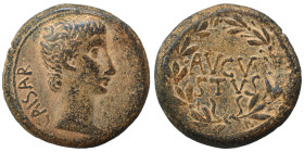 Uncertain Asian mint. Augustus, 27 BC-AD 14. Ae (bronze, 11.00 g, 24 mm). CAESAR Bare head of Augustus to right. Rev. AVGVSTVS in two lines within lau...