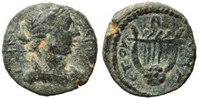 SYRIA, Seleucis and Pieria. Antioch. Pseudo-autonomous issue. Ae (bronze, 1.52 g, 16 mm). Laureate and draped bust of Apollo right. Rev. Lyre, date ar...