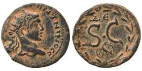 SYRIA, Seleucis and Pieria. Antioch. Elagabalus, 218-222. Ae (bronze, 4.50 g, 20 mm). Radiate head of Elagabalus to right. Rev. S C; Δ - E above, eagl...