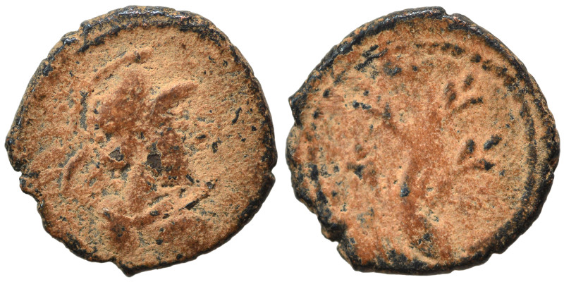 Uncertain. Ae (bronze, 0.65 g, 10 mm). Helmeted head of Athena right. Rev. Tree ...