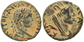 MESOPOTAMIA. Edessa. Elagabalus, 218-222. Ae (bronze, 3.37 g, 16 mm). Laureate head of Elagabalus to right. Rev. Veiled, turreted and draped bust of T...