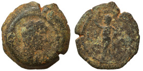 EGYPT. Alexandria. Hadrian, 117-138. Dichalkon (bronze, 2.24 g, 13 mm). Laureate head right. Rev. Uncertain figure standing left. Fine.
