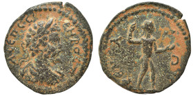 ARKADIA. Pheneos. Septimius Severus, 193-211. Assarion (bronze, 4.60 g, 24 mm). Laureate bust right. Rev. ΦENEATΩN Nude bearded satyr (Marsyas?) stand...