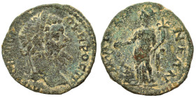 ARKADIA. Mantinea. Septimius Severus, 193-211. Assarion (5.76 g, 22 mm). Laureate bust right. Rev. Tyche standing left, sacrificing from patera over a...