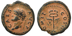 Domitian, as Caesar, 69-81. Quadrans (bronze, 2.41 g, 16 mm), Rome mint, for Syria. CAES AVG F Laureate head of Domitian to left. Rev. DOMIT [COS II] ...