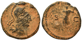 Anonymous, time of Domitian to Antoninus Pius, 81-161. Quadrans (bronze, 2.54 g, 17 mm), Rome. Helmeted head of Mars to right. Rev. Cuirass; S-C acros...