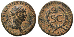 Trajan, 98-117. Semis (bronze, 3.90 g, 18 mm), Rome, for use in Syria. IMP CAES NER TRAIANO OPTIMO AVG GERM Radiate bust of Trajan to right, with slig...