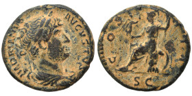Hadrian, 117-138. Semis (bronze, 4.65 g, 19 mm), Rome. HADRIANVS AVGVSTVS Laureate, draped and cuirassed bust right. Rev. COS III Roma seated left on ...