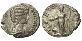 Julia Domna, Augusta, 193-211. Denarius (silver, 2.97 g, 17 mm), Laodicea. IVLIA AVGVSTA Draped bust right. Rev. IVNO REGINA Diademed and veiled Juno ...