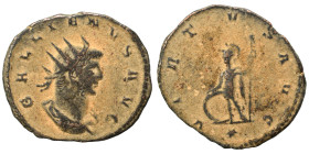 Gallienus, 253-268. Antoninianus (billon, 2.52 g, 20 mm), Antioch. Radiate and cuirassed bust right. Rev. Virtus standing left, holding shield set on ...