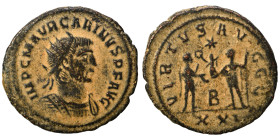 Carinus, 283-285. Antoninianus (bronze, 3.51 g, 21 mm), Antioch. IMP C M AVR CARINVS P F AVG Radiate and cuirassed bust right. Rev. VIRTVS AVGG Carinu...