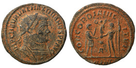 Maximianus, 286-305. Ae (bronze, 2.96 g, 20 mm). Radiate draped bust right. Rev. CONCORDIA MILITVM Emperor standing right receiving Victory on globe f...