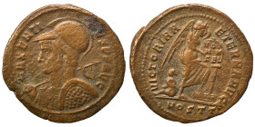 Maxentius, 307-312. Half follis (bronze, 2.93 g, 21 mm), Ostia. MAXENTI-VS P F AVG Helmeted and cuirassed bust of Maxentius to left, holding spear ove...