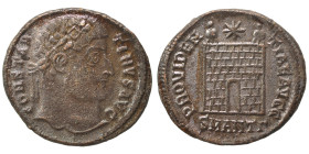 Constantine I, 307/310-337. Follis (bronze, 3.33 g, 20 mm), Antioch. CONSTANTINVS AVG Rosette-diademed head to right. Rev. PROVIDENTIAE AVGG Camp gate...