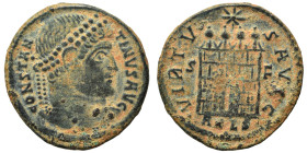 Constantine I, 307/310-337. Follis (bronze, 2.37 g, 19 mm), Arelate. CONSTANTINVS AVG Diademed head right. Rev. VIRTVS AVGG Camp gate, with four turre...