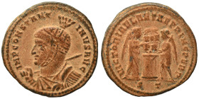 Constantine I, 307/310-337. Follis (bronze, 3.43 g, 18 mm), Ticinum. IMP CONSTANTINVS AVG Helmeted, draped and cuirassed bust left, holding spear acro...