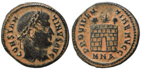 Constantine I, 307/310-337. Follis (bronze, 3.43 g, 19 mm), Nicomedia. CONSTANTINVS AVG Laureate head right. Rev: PROVIDENTIAE AVGG Camp gate, with tw...