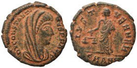 Divus Constantine I, died 337. Follis (bronze, 1.74 g, 15 mm), Antioch. D V CONSTANTINVS PT AVGG Veiled bust to right. Rev IVST VEN MEM Aequitas stand...