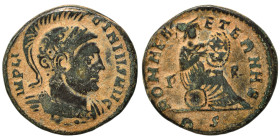 Licinius I, 308-324. Follis (bronze, 3.13 g, 18 mm), Rome. IMP LICINIVS AVG Helmeted and cuirassed bust right. Rev: ROMAE AETERNAE / P - R Roma seated...