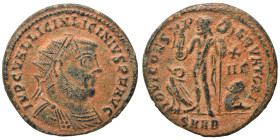 Licinius I, 308-324. Follis (bronze, 3.24 g, 20 mm), Heraclea. IMP C VAL LICIN LICINIVS P F AVG Radiate, draped and cuirassed bust right. Rev. IOVI CO...
