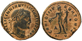 Licinius I, 308-324. Follis (bronze, 6.90 g, 24 mm), Cyzicus. VAL LICINNIANVS LICINNIVS PF AVG Laureate head right. Rev. GENIO IMPERATORIS / A / * Gen...