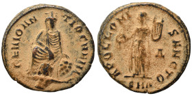 Time of Maximinus II, 310-313. Follis (bronze, 1.67 g, 15 mm), ‘Persecution’ issue, Antioch. GENIO ANTIOCHENI Tyche of Antiochia seated facing on rock...