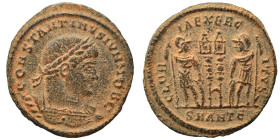 Constantine II, as Caesar, 316-337. Follis (bronze, 2.73 g, 18 mm), Antioch. CONSTANTINVS IVN NOB C Laureate and cuirassed bust of Constantine II to r...