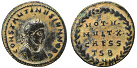 Constantine II, as Caesar, 316-337. Follis (bronze, 2.79 g, 19 mm), Thessalonica. CONSTANTINVS IVN NOB C Laureate, draped and cuirassed bust of Consta...