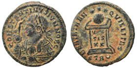 Constantine II, as Caesar, 316-337. Follis (bronze,2.58 g, 19 mm), Treveri. CONSTANTINVS IVN NOB C Laureate, draped and cuirassed bust of Constantine ...