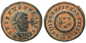 Crispus, Caesar, 317-326. Follis (bronze, 3.01 g, 19 mm), Ticinum, 320-321. CRISPVS NOB CAES Laureate and cuirassed bust of Crispus to right. Rev. DOM...