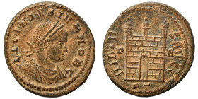 Licinius II, 317-324. Follis, (bronze, 3.25 g, 20 mm), Rome. LICINIVS IVN NOB C Laureate, draped and cuirassed bust to right. Rev. VIRTVS AVGG Camp-ga...