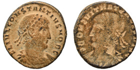 Constantius II, Caesar, 324-337. Brockage follis (bronze, 2.58 g, 18 mm). FL IVL CONSTANTIVS NOB C Laureate, draped and cuirassed bust left. Rev. Incu...