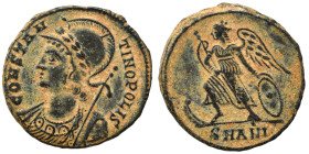Commemorative Series, 330-354. Follis (bronze, 2.24 g, 17 mm), Antioch. CONSTAN-TINOPOLIS Helmeted and mantled bust of Constantinopolis to left, with ...