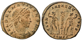 Delmatius, 335-337. Follis (bronze, 1.46 g, 16 mm), Constantinople. FL DELMATIVS NOB C Laureate, draped, and cuirassed bust right. Rev. GLOR-IA EXERC-...