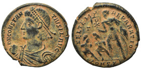 Constantius II, 337-361. Follis (bronze, 4.47 g, 21 mm), Constantinople. Pearl-diademed, draped and cuirassed bust left, holding globe. Rev. FEL TEMP ...